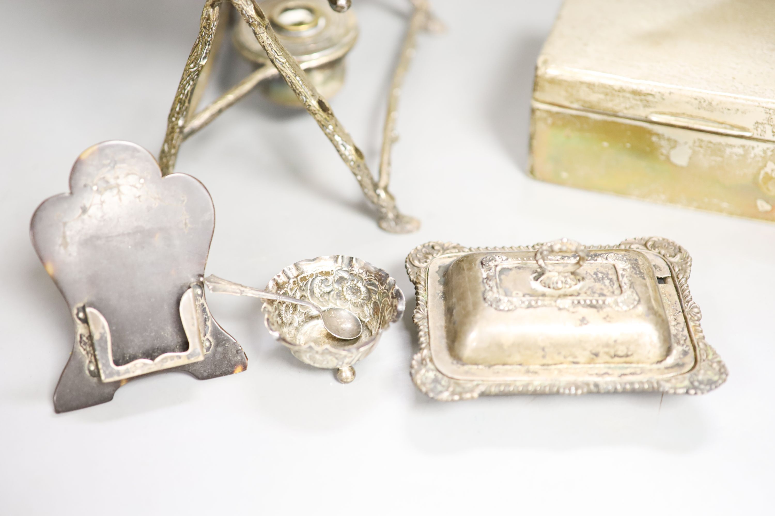 Silver and plated items, plated kettle on stand, butter dish etc